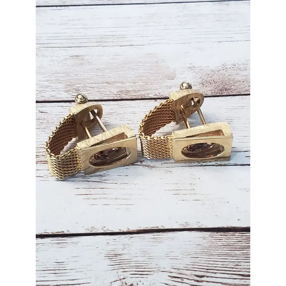 Vintage Cufflinks - Gold Tone & Amber Tone Gem
